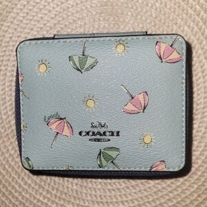 COACH Light Blue Umbrella & Sun Print Leather Zip Jewelry Case